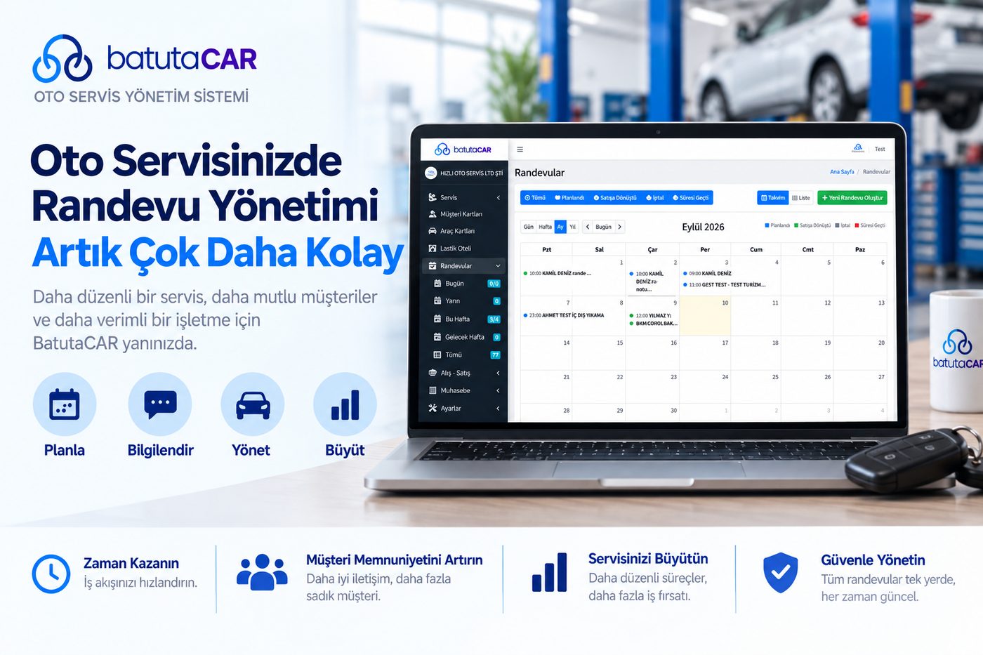 BatutaCar müşteri ve araç yönetimi ekranı — müşteri bilgileri, araç kayıtları, servis geçmişi, muayene sigorta ve kasko takibi