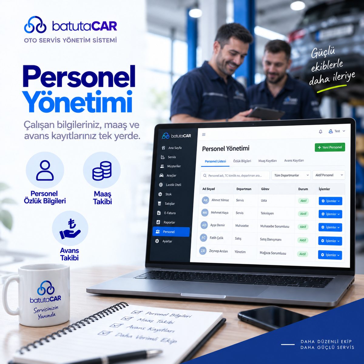 BatutaCar personel yönetimi ekranı — personel listesi, özlük bilgileri, maaş ve avans kayıtları