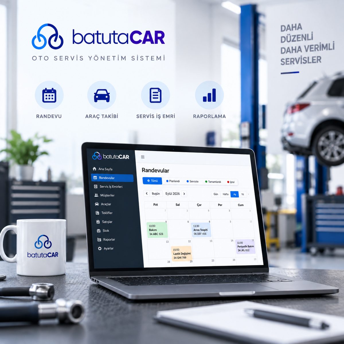 BatutaCar servis iş emri yönetimi ekranı — randevular, araç takibi, servis iş emri ve raporlama