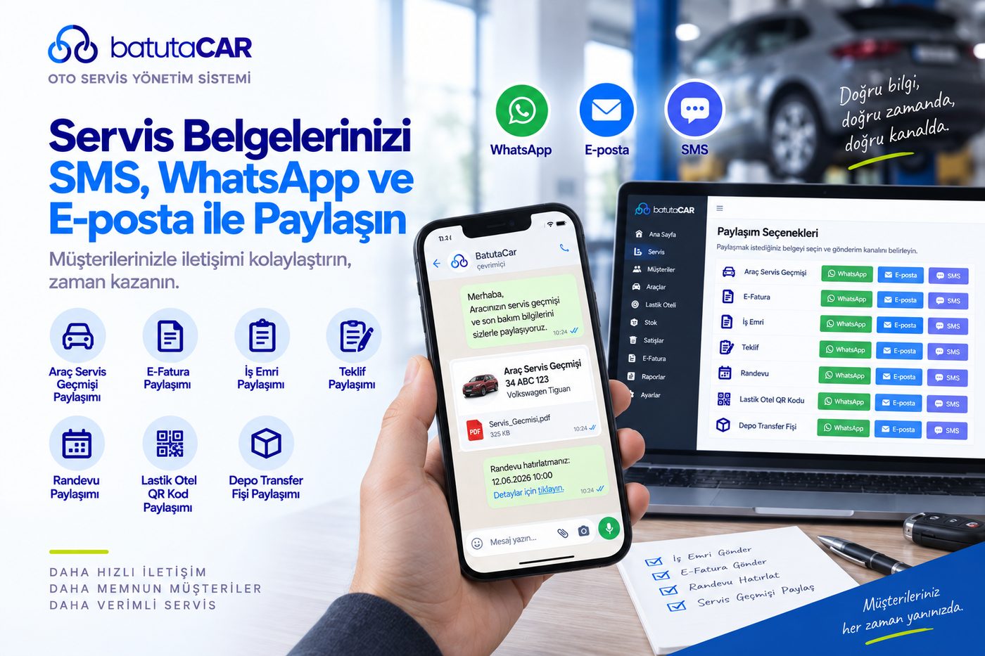 BatutaCar SMS, WhatsApp ve e-posta ile paylaşım ekranı — e-fatura, iş emri, teklif, randevu, lastik oteli ve depo transfer fişi paylaşımı