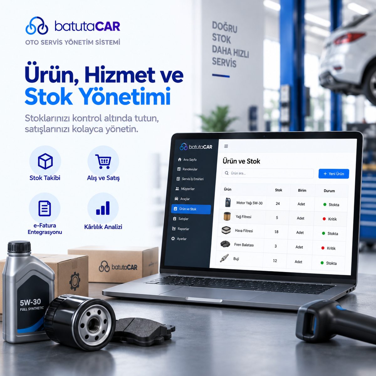 BatutaCar ürün ve stok yönetimi ekranı — stok takibi, alış ve satış, e-fatura entegrasyonu ve kârlılık analizi